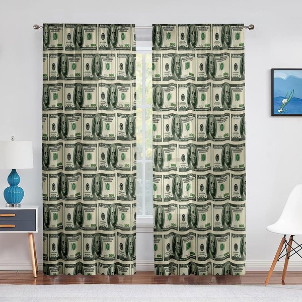 Dinero Cortina Voile Transparente Benjamin Franklin Billete De 100 DóLares Tul Cortinas De Ventana Para Dormitorio Sala De Estar DecoracióN De Cocina Cortinas 100W130H(Cm)40X51In&Grommet Top-image