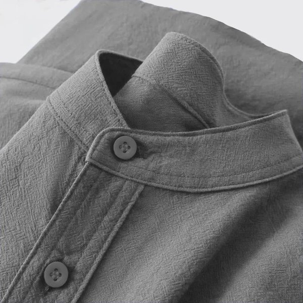 Camisa CláSica Atemporal De AlgodóN Lino Texturizado De Manga Larga Para Hombre Transpirable Cuello Mao Botones Placket Tops Casuales Diarios De Vacaciones En Colores Lisos Xxxl Gris-image