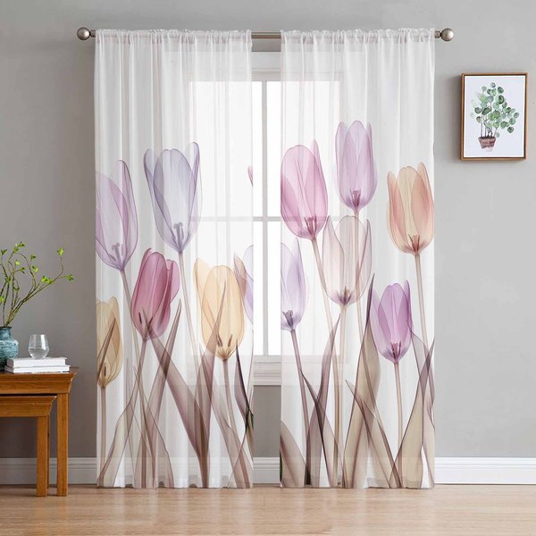 Cortinas TraslúCidas De Flor De TulipáN Para DecoracióN De Sala De Estar Cortinas De Ventana Para Cocina Cortinas De Tul Voile Organza W135 X H137Cm X1-image
