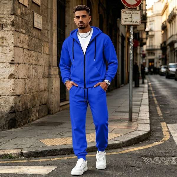 MęSki Komplet Bluzy Z Kapturem Na Zamek BłYskawiczny I Spodni Dresowych, Casualowy Sportowy DwuczęśCiowy StróJ Do Noszenia Na Co Dzień M Blue-image