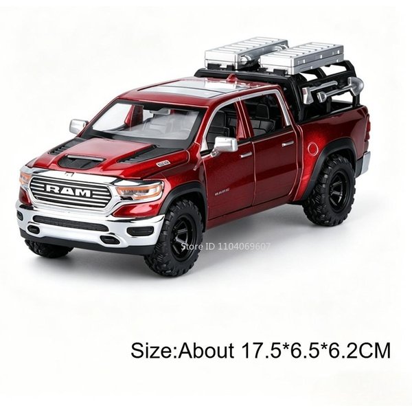 1:Model Zabawkowy Pickup 32 Ram Samochody Terenowe Metal Diecast Amortyzacja Drzwi Otwierane DźWięK ŚWiatłO Pull Back Pojazdy Interaktywne-image