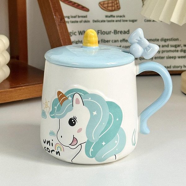 Uroczy TęCzowy JednorożEc Ceramiczny Kubek Z Pokrywką ŁYżEczką DziewczęCe Serce Kubek Na Napoje Biurowy Kubek Do Kawy Prezent 401-500Ml-image