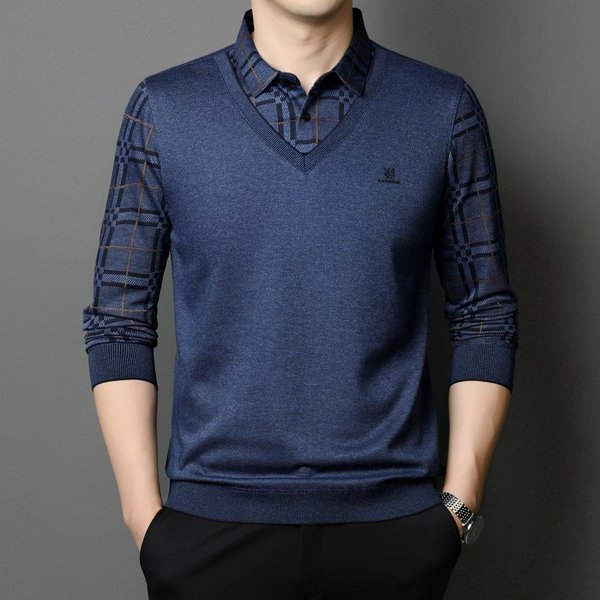 SuéTer De Cuello De Camisa Nuevo Estilo OtoñO Casual Para Hombre Moda Para Adultos Joven Jersey Sencillo SuéTer Para Hombre Falso De Dos Piezas M-image