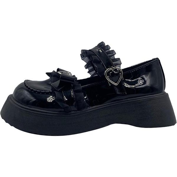 Zapatos Lolita Lucyever Dulces De Encaje Con Lazo Para Mujer Mary Janes De Charol Con Hebilla De CorazóN Mujer Punta Redonda Plataforma Zapatos Planos 40 Negro-image