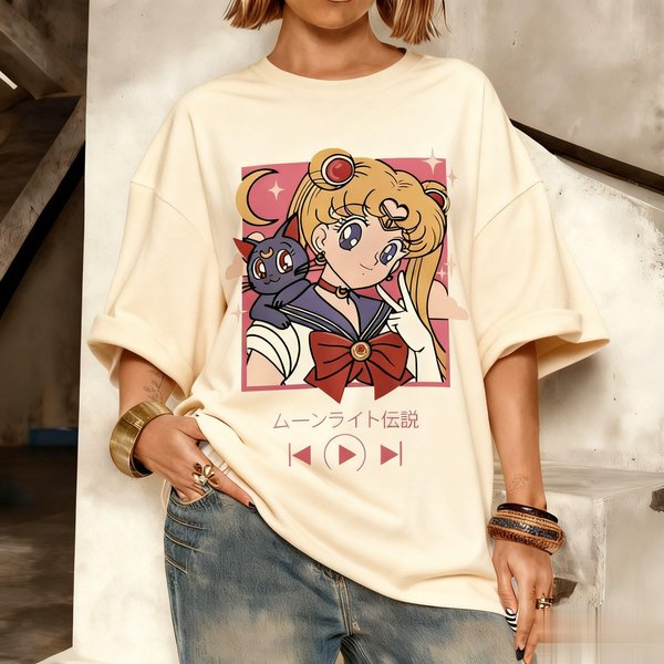 Camiseta Oversize Streetwear Kawaii Sailor Moon Con GráFico Para Hombre Mujer Estampado Anime Manga Corta Camiseta Casual Moda Verano Ropa Y2K 2XL Brown-image