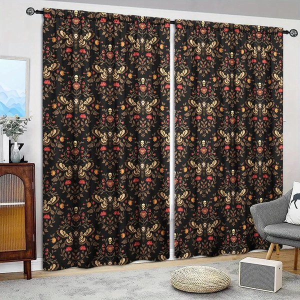 Cortina Impresa De Polilla De La Muerte 2 Piezas Para DecoracióN Del Hogar - Tratamiento De Ventana Con Bolsillo Para Barra Para Dormitorio, Oficina, Cocina, Sala De Estar Y Estudio 52.5Cmx116Cmx2Pcs-image