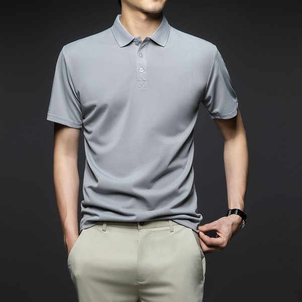Polo De Seda Helada Para Hombre, Camiseta De Verano, Ropa De Trabajo De Color SóLido, Camiseta De Manga Corta Para Hombre, Ropa Informal Con Solapa Para Hombre Xxxxl Gray-image