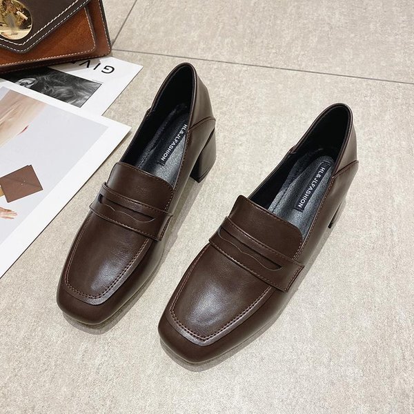 Negro Delgado Grueso - TacóN Estilo BritáNico Zapatos PequeñOs De Cuero Mediano - TacóN Zapatos Individuales Primavera Y OtoñO Cuero Suave Zapatos De TacóN Alto 36 MarróN-image