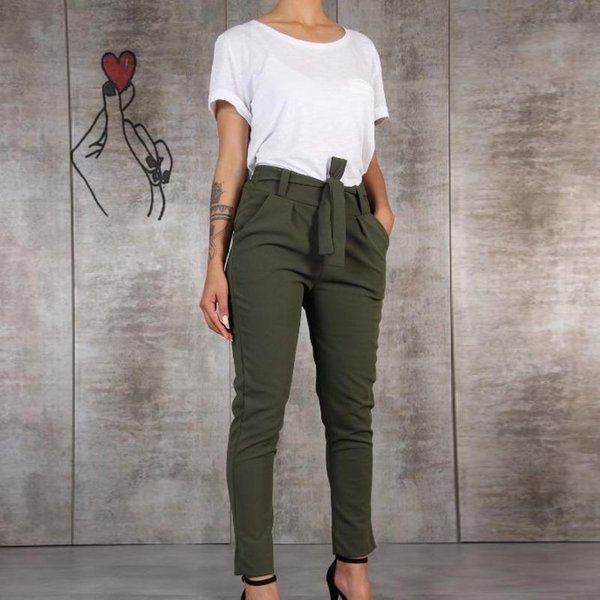 Damskie Spodnie Slim Z Wysokim Stanem Jednokolorowe Spodnie Damskie Office Wear Fit DziewięCiopunktowe Spodnie OłóWkowe S Khaki-image