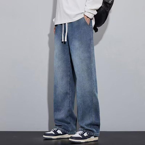 LuźNe Jeansy MęSkie Niebiesko Czarne Streetwear Elastyczny Pas Spodnie Y2K Moda Proste LuźNe Szerokie Jeansowe Spodnie 3XL Kolor Ciemny Niebieski-image