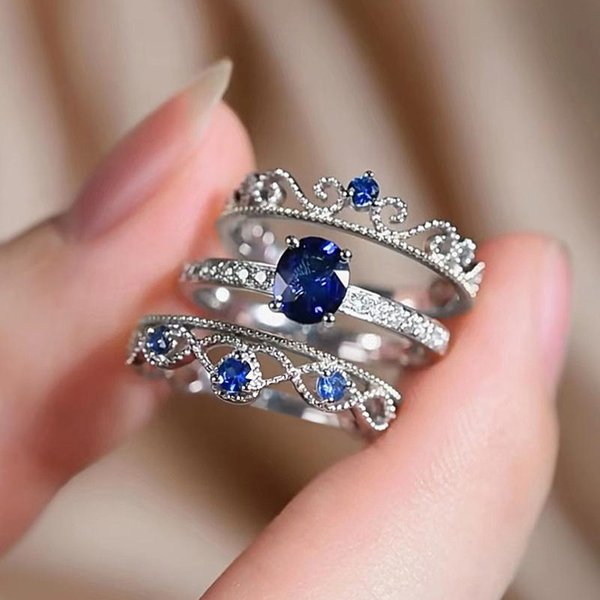 Huitan Noble Conjunto De 3 Anillos Azules Con Circonita CúBica Para Mujer Boda Fiesta Nuevo Moderno Moda Accesorios Femeninos Color Lujo JoyeríA CZ 10-image