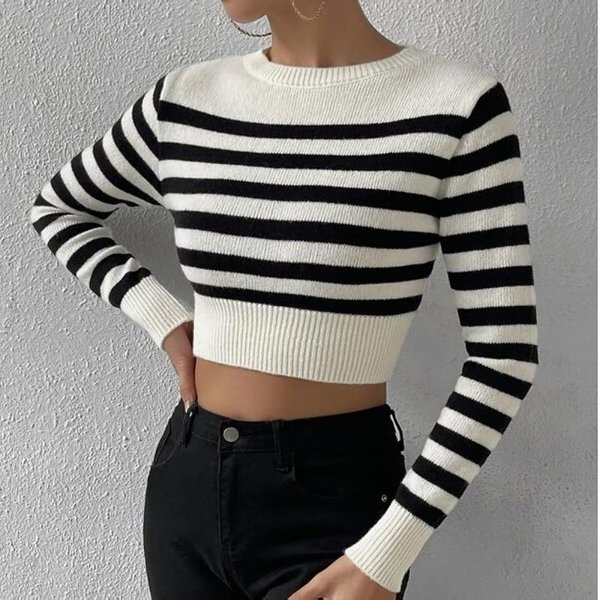Nuevo SuéTer De Punto Para Mujer OtoñO E Invierno, Estilo Corto Rayado, Se Puede Usar Por Dentro Y Por Fuera, Top De SuéTer Tejido Para Mujer L Black-image