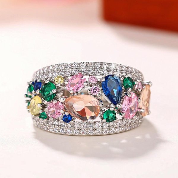 Anillos De Circonita CúBica De Color ArcoíRis Huitan Para Mujer, Nuevos Accesorios De Boda, Anillos Femeninos De Moda De Lujo, JoyeríA Llamativa Para Fiestas 6-image