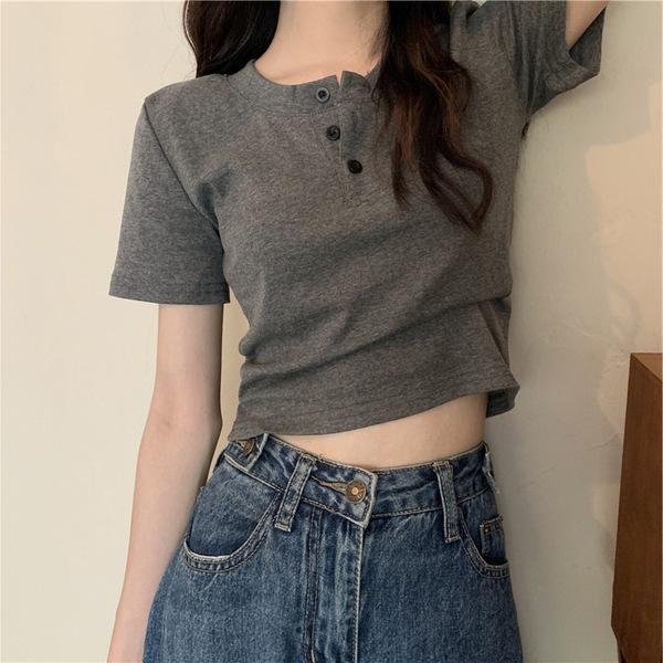 Camiseta De Verano De DiseñO Nicho Con Botones De Manga Corta Para Mujer Ropa Para El Cuerpo Delgada De Cintura Alta Corta 2XL Gris-image