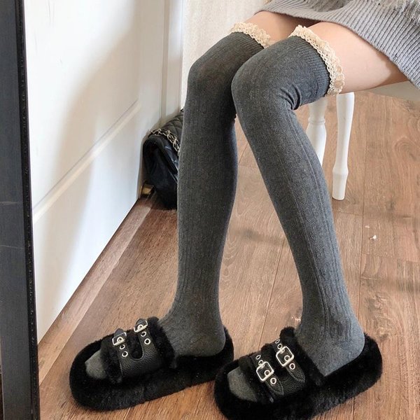 Calcetines Mujer OtoñO E Invierno Gruesos CáLidos Color SóLido Hasta La Rodilla Calcetines Altos Hasta El Muslo Para Mujeres One Size Black-image