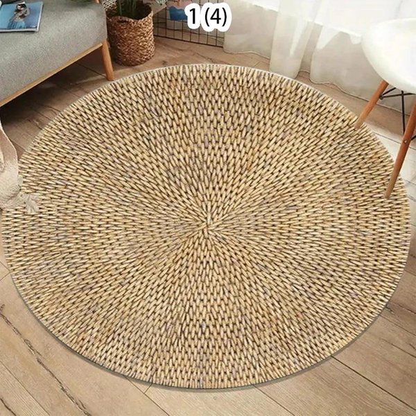 Naturalna Imitacja Juty Tekstura Kwiaty OkrąGłY Dywan Boho Farmhouse WystróJ Domu Dywan AntypośLizgowy MięKki Mata PodłOgowa Do Salonu 80X80Cm-image