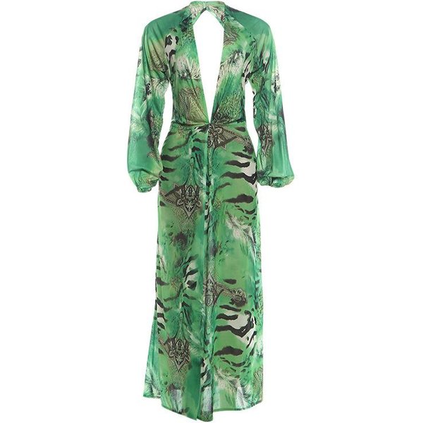 KDA Estilo Europeo Y Americano Verano Nuevo Ropa De Mujer Sexy Sin Espalda Escote En V Profundo Abertura Vestido De Manga Larga L Verde-image