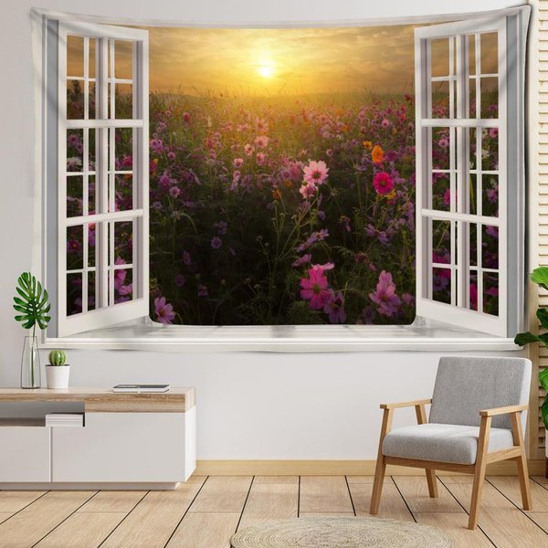 Okno Kwiat Pole Krajobraz Gobelin WisząCa Na śCianie Naturalna Sceneria Boho Sypialnia Salon WystróJ Domu 95X70Cm Black-image