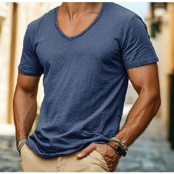MęSka Koszulka Letnia BawełNiana Dekolt V KróTki RęKaw Codzienny Top Jednolity Kolor T-Shirt Z Splotem Nowy Xxxl Kolor Ciemny Niebieski-image