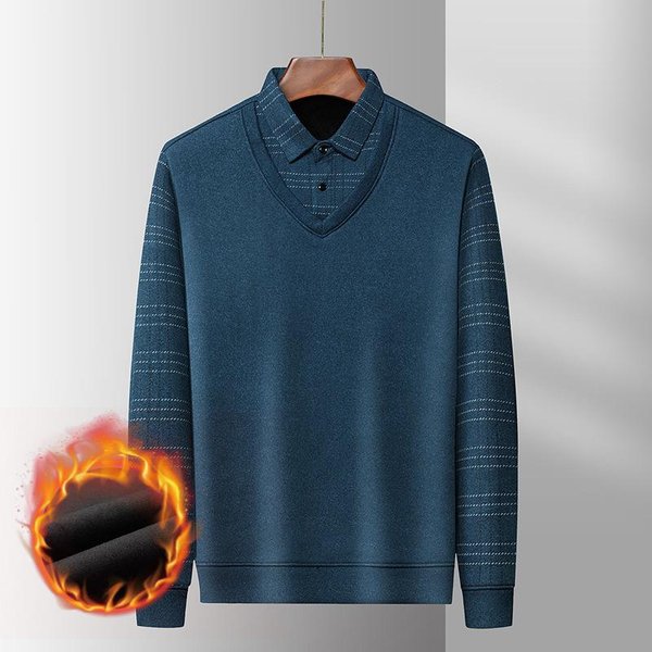 Invierno Moda Casual Para Hombres De Mediana Edad Y Ancianos Ropa Para Hombre Gruesa Con Forro Polar Top Falso De Dos Piezas Grueso Ropa TéRmica Para Papá Camiseta Xxxxl Gray-image