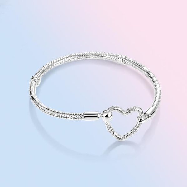 Pulsera De Plata De Ley 925 Para Mujer, Pulsera Con Cadena De Serpiente Y CorazóN, Cuentas Con Dijes De Temperamento, Regalo De JoyeríA 17Cm White-image