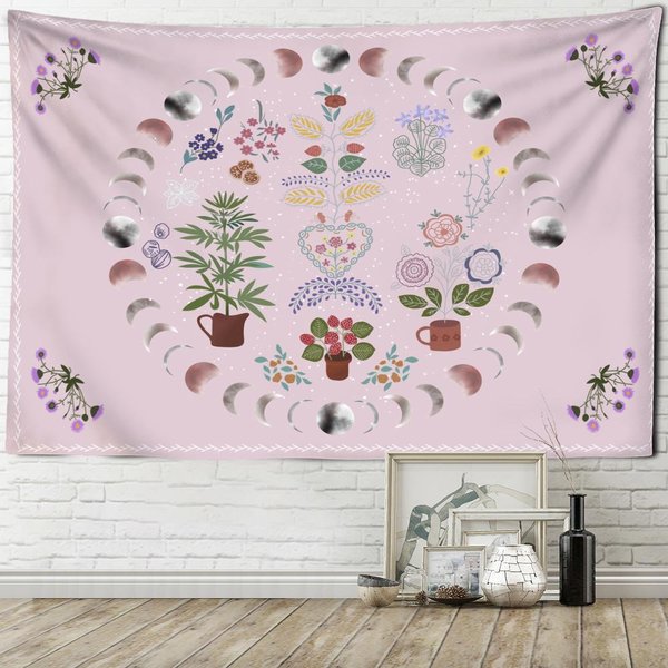 Tapiz Retro Luna Fases Cielo Estrellado Colgante De Pared Flor Celestial Misteriosa BrujeríA Hippie Tapiz Dormitorio DecoracióN Del Hogar 150X130 CM-image