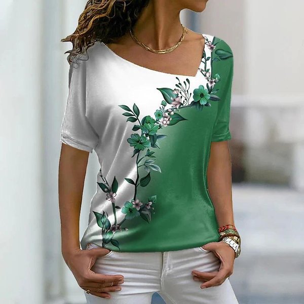 Letnie Damskie T-Shirty 3D Kwiatowy Nadruk V Neck Topy Z KróTkim RęKawem Casual Ladies T Shirt Moda Koszulki W Stylu Harajuku Odzież Damska Y2K XL Gray-image