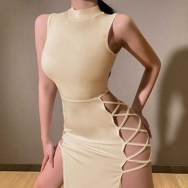 Elegancka Czarna Bez RęKawóW BandażOwa Seksowna Sukienka Dla Kobiet Club Party Backless Tank Sukienki Skinny Fashion Summer M Khaki-image