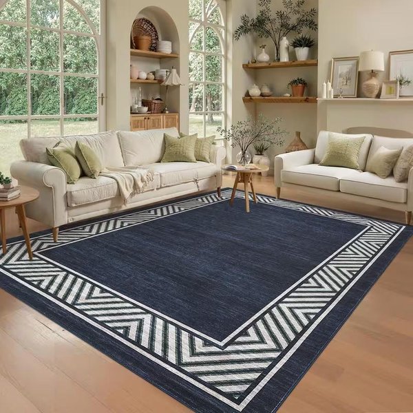 Granatowy Dywanik Nowoczesny Geometryczny WzóR Z Obramowaniem Dywan Do Salonu Sypialni AntypośLizgowy Odporny Na Plamy SkłAdany Dywanik Akcentowy 80X120Cm-image