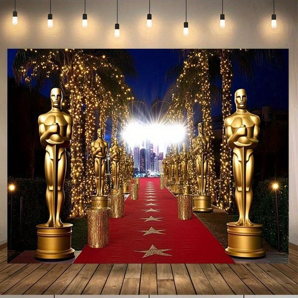 Baner Imprezowy Ze ZłOtym Trofeum Oscara, Odpowiedni Jako Dekoracja TłA I Rekwizyt Do Zdjęć. Wykonany Z Poliestru 210X400Cm-image