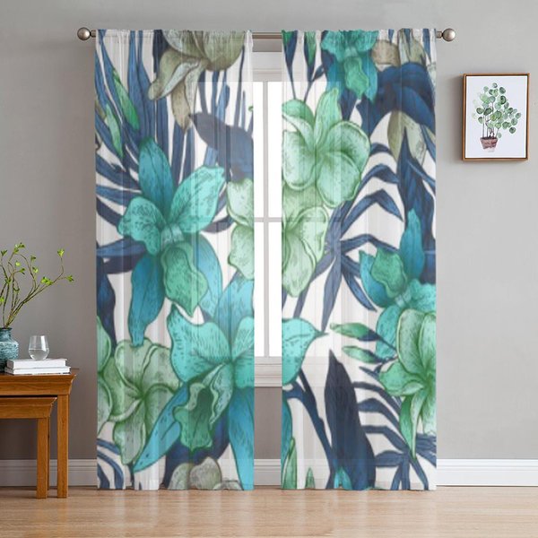 Cortinas Visillos Florales Vintage De Plantas Tropicales Para Sala De Estar Transparentes De Tul Cortina De Ventana DecoracióN Para Dormitorio Cocina Visillos 135W X 114H(Cm) Blue-image