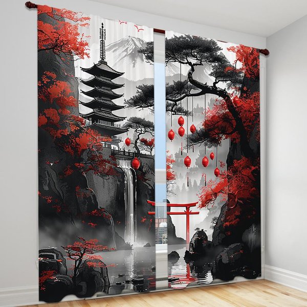2 Piezas Cortina Semioscura DiseñO Paisaje JaponéS Y Puerta Torii Tejido PoliéSter Estilo ContemporáNeo Lavable A MáQuina Bolsillo Para Barra 100W130H(Cm)40X51In&Rod Pocket-image