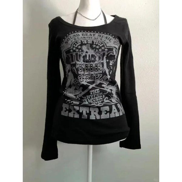 Camisetas Negras GóTicas Americanas Vintage De Los 2000 Para Mujer Estilo Punk GráFico Grunge Camisetas Harajuku Y2K Tops De Manga Larga Ropa De Calle L Gray-image