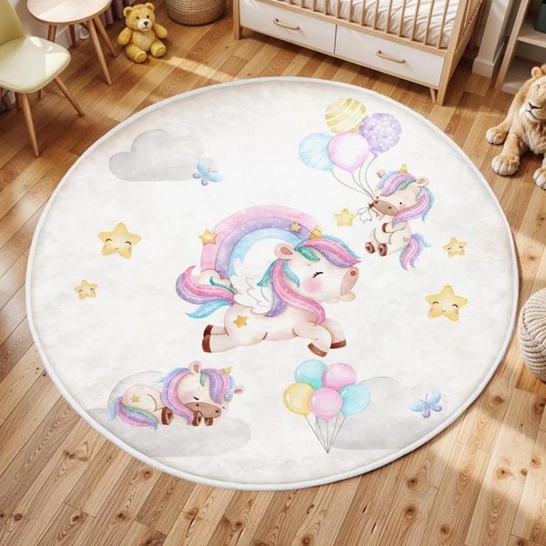 Zamek TęCzowy KryształOwy JednorożEc OkrąGłY Dywanik Mat AntypośLizgowy Dla Dzieci PokóJ Zabaw Sypialnia Bajkowy Styl PokóJ DziecięCy Dekoracja Domu 80X80CM-image