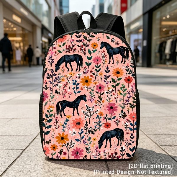 DiseñO Impreso – No Texturizado ImpresióN Plana 2D Caballo Negro PatróN Floral, Mochila Casual, Mochila Para PortáTil De Viaje, ImpresióN Plana 2D Unisex-image