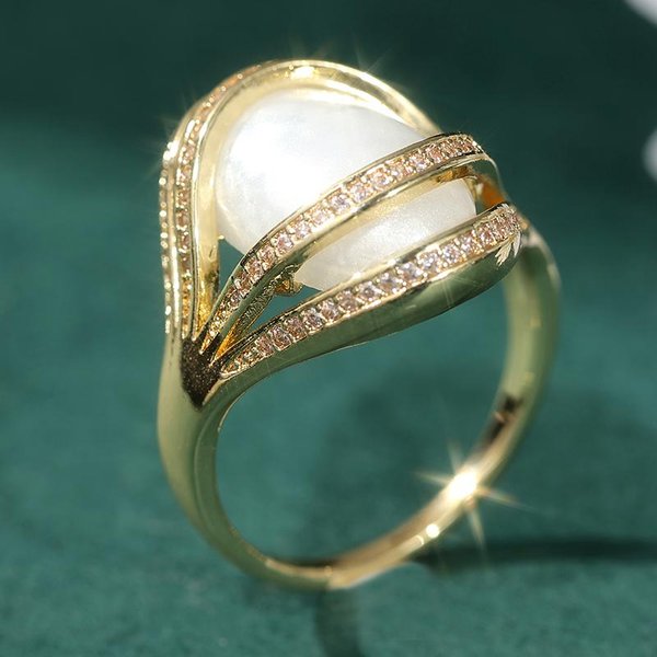 Anillo Vintage Dorado Ovalado Incrustado Con Perla SintéTica Para Mujer JoyeríA Diaria De Fiesta 10 White-image