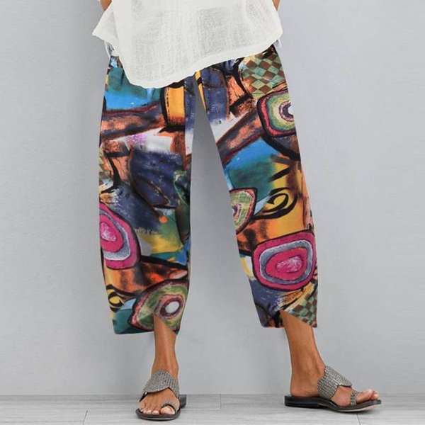 Damskie Spodnie Haremowe W Stylu Vintage Kwiatowy Nadruk W Pasie LuźNe Spodnie Plus Size BawełNiane Lniane Spodnie Z Szerokimi Nogawkami LuźNe Letnie Spodnie Xxxxl Multikolor-image