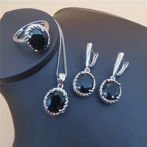 Zestaw BiżUterii TrzyczęśCiowy Owalny Styl Europejski I AmerykańSki Kryształ Tanzanitu ring Size 8 Gray-image