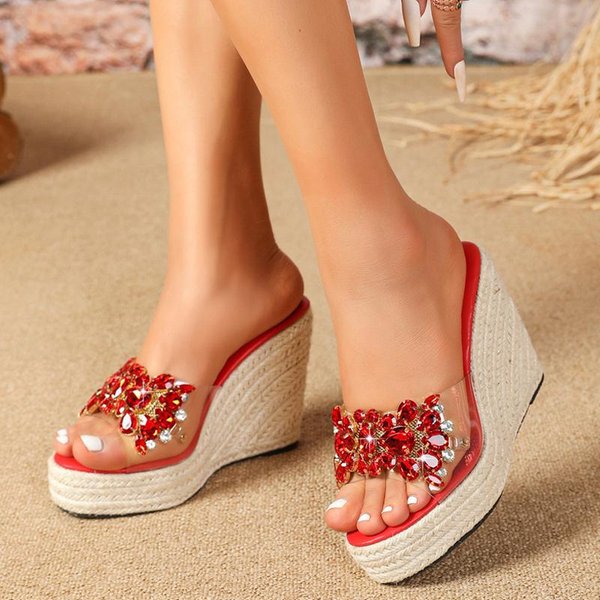 Liyke Moda De Verano Rosa Cristal Diamante Remache Mujer CuñAs Zapatillas Tacones Altos Sandalias Plataforma Sexy Punta Abierta Zapato Transparente 39-image