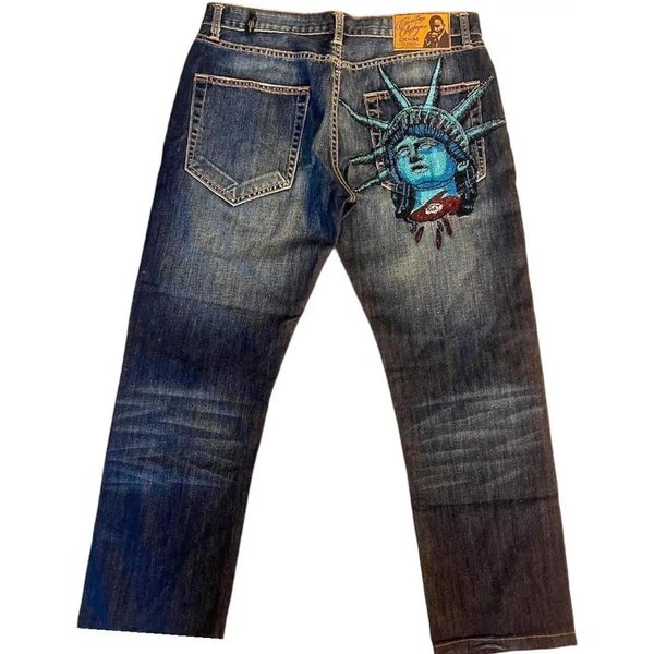 Vibestreet Vintage Statua WolnośCi Jeansy Z Diamentami Codzienne Jeansowe Spodnie Wysoki Stan Proste Szerokie Nogawki Jeansy Harajuku Y2K Lata 2000 Odzież Damska M Black-image