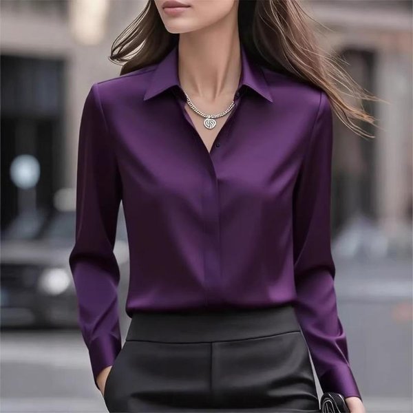 Camisa De SatéN De Color SóLido De Manga Larga Con Solapa, Moda VersáTil Para Mujer, Nueva De OtoñO L PúRpura-image