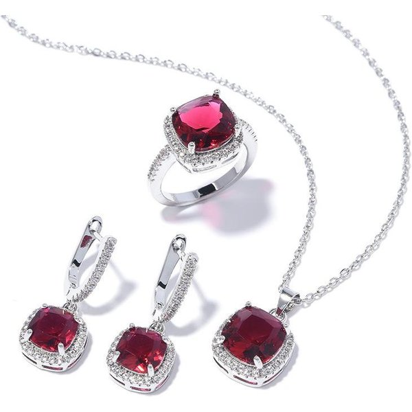 Nowy Europejski I AmerykańSki PierśCionek Z Cyrkonią W KształCie Kwadratu Prosty Modny Wysokiej Klasy Personalizowany Zestaw KolczykóW I Naszyjnika Size 7 ring Set White-image
