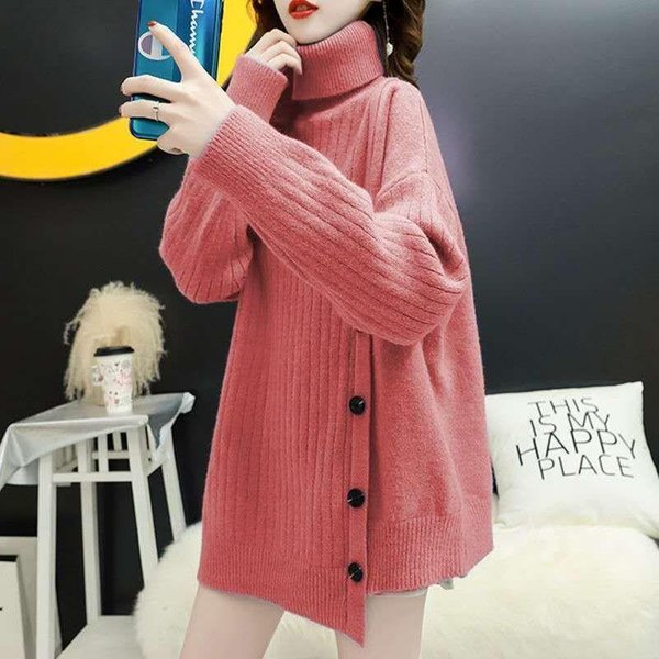 SuéTer Mujer Suelto Ropa Exterior Viento Perezoso Conjunto Cabeza Cuello Alto VersióN Coreana De Tops De Punto Gruesos XXL Color Rosa-image