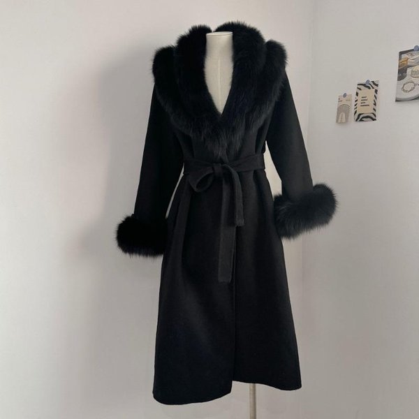 Abrigo De Lana De Doble Cara Para Invierno Para Mujer Lana Largo Medio Con Cordones Chaleco De Zorro Desmontable L Negro-image