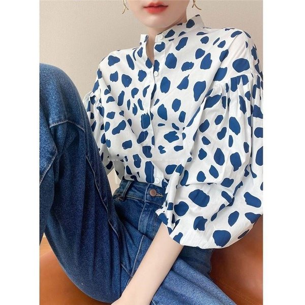 Camisa Francesa De Nicho Con Mangas Abullonadas Para Mujer Holgada Y A La Moda Camisa Estampada De Lunares Top Estilo Cliffhanger Ins XXL Gray-image