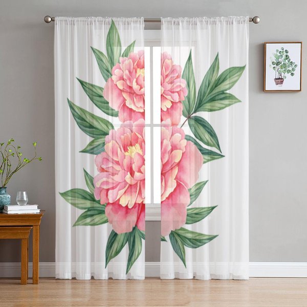 Flor Acuarela PeoníA Rosa Hojas Verdes Blanco Vintage Cortinas TraslúCidas Sala De Estar Tul Cortina De Ventana Dormitorio Cocina Cortinas 135W X 114H(Cm) Pink-image