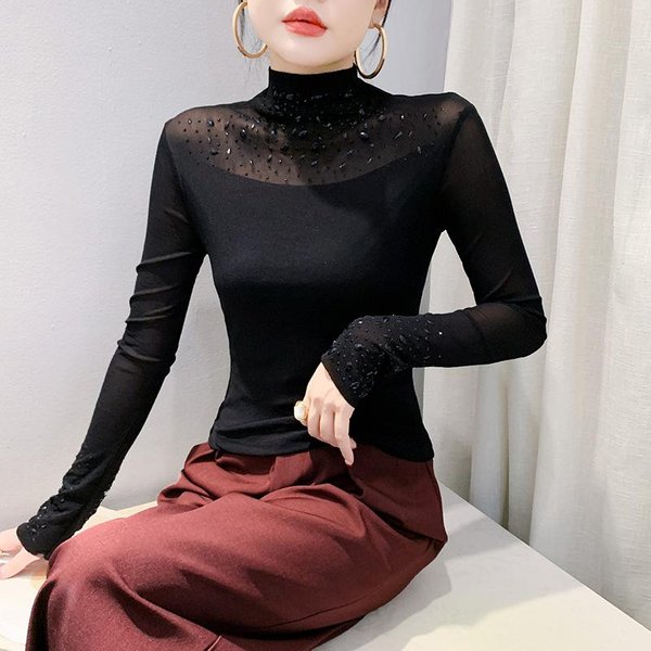 Camiseta De Cuello Semi-Alto Para Mujer, Camiseta De Manga Larga De Moda De Invierno, Top Ajustado, Camisa De Estilo Extranjero 4XL Negro-image