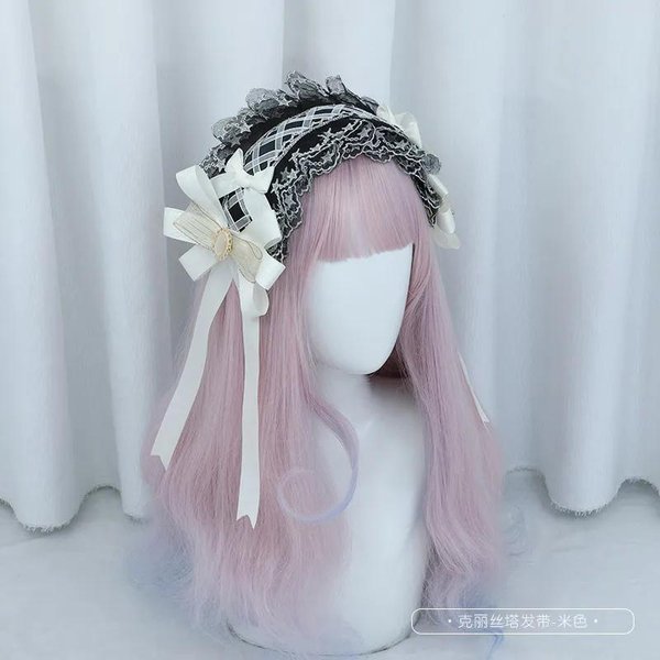 Estilo JaponéS Lolita Lazo Para El Cabello Hecho A Mano Cinta Christa Diadema De Encaje Kawaii Accesorios Para El Cabello Listos Para Enviar Gray-image