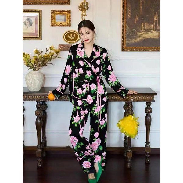 Conjunto De Pijama De 2 Piezas Para Mujer Con Estampado, Manga Larga, PantalóN Con Cintura EláStica, Conjunto Para Mujer, Pijama Casual XL Negro-image