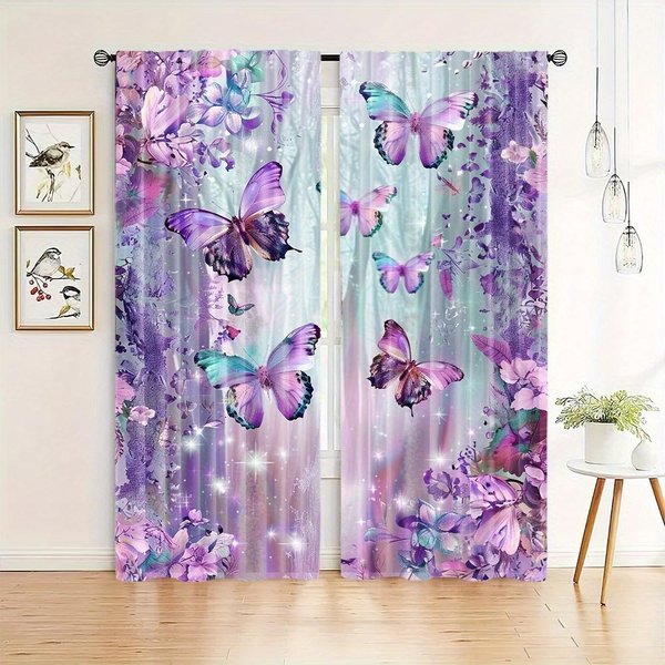 Zestaw 2 Sztuk Fioletowych Kwiatowych ZasłOn 3D Drukowanych - Kieszonkowy Design Dla ŁAtwego Zawieszania Idealny Do Sypialni I Salonu WystróJ Okien (W50H130Cm)-2Pcs&Grommet Top-image